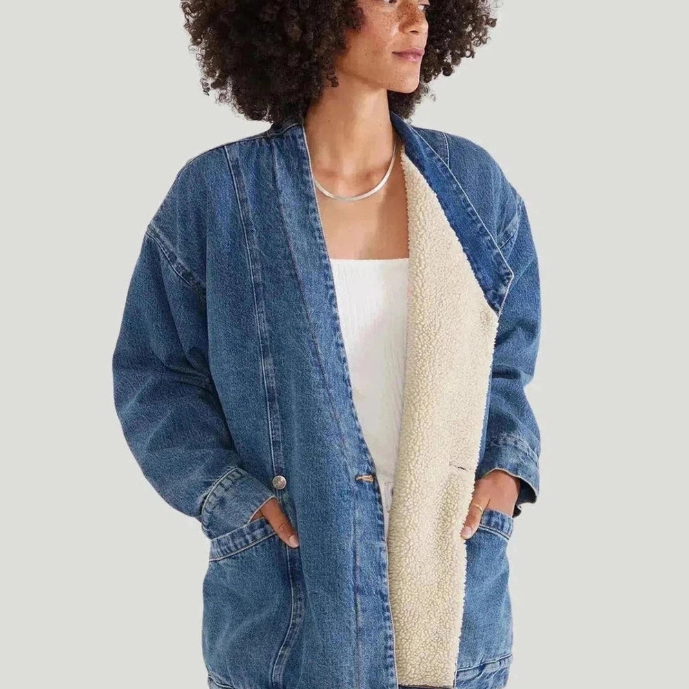 Etica Naima Asymmetric Denim Sherpa Jacket XS NWT